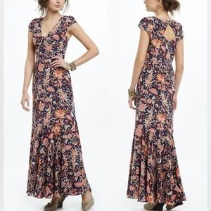 Leifsdottir 100% Silk Bruna Maxi Dress Floral Cap Sleeve Long Trumpet Flounce